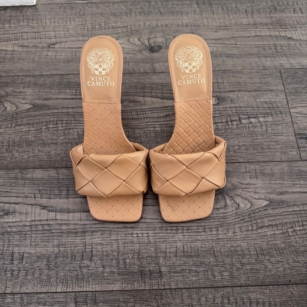 Vince Camuto Brelanie Tan Woven Leather Square Toe Heeled Mules Sandals 7M
